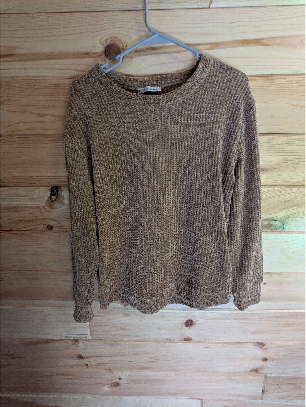 Zenana Women’s S Beige Waffle Knit Crewneck Long Sleeve Pullover Sweater